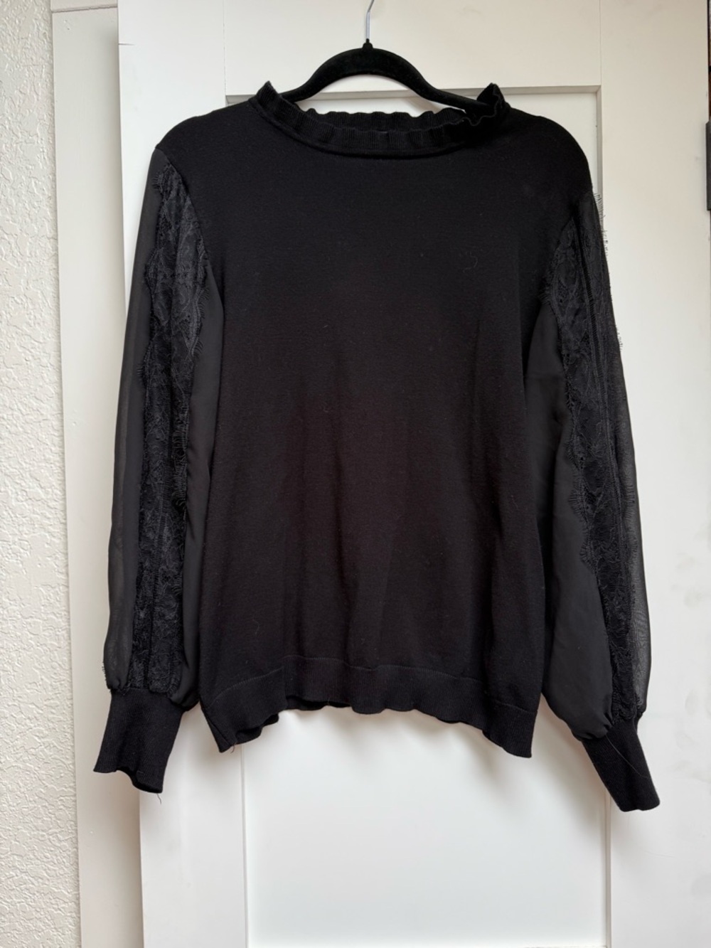 Adrianna Papell Black Knit Top with Subtle Ruffle Neck